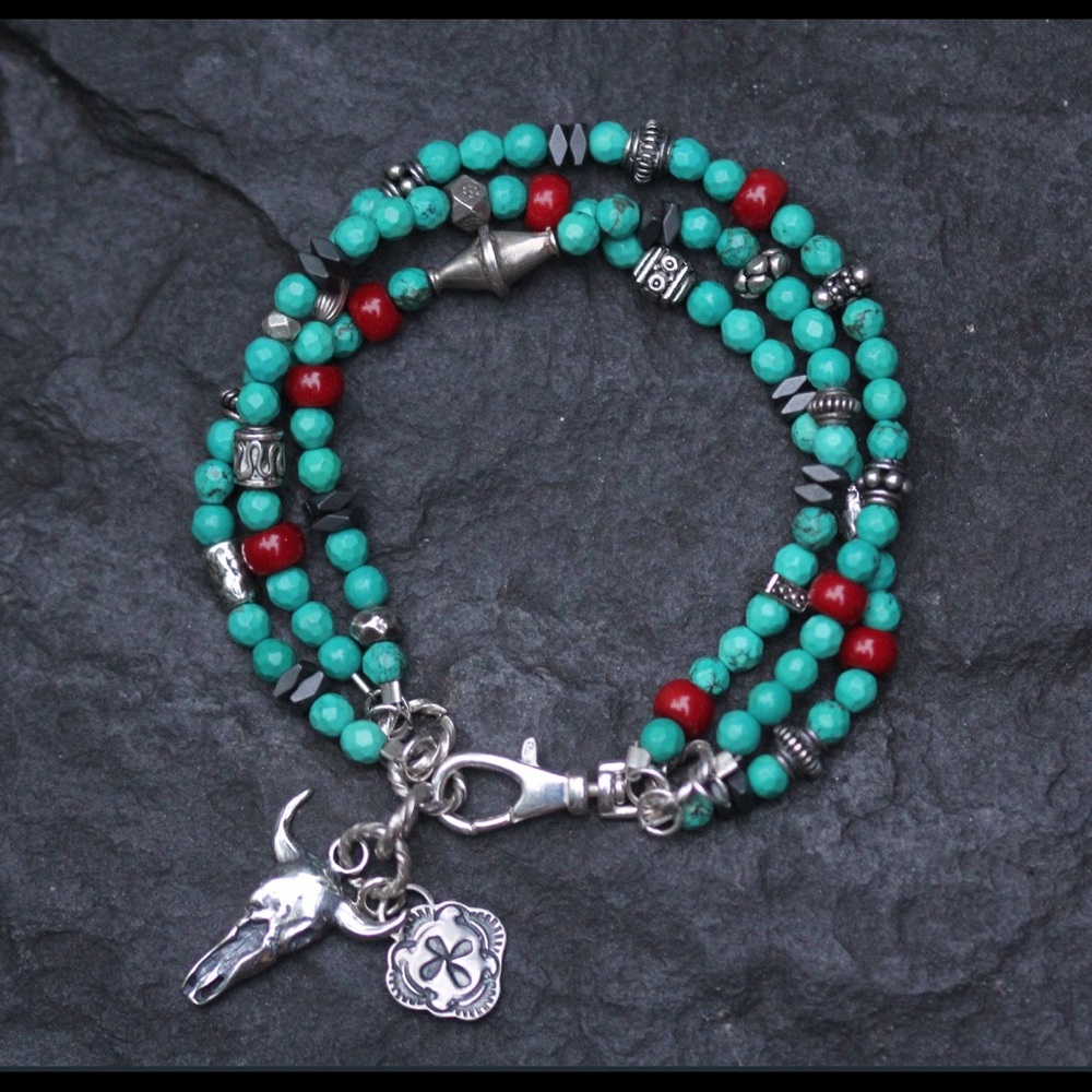 Turquoise, Coral and Sterling Silver Bracelet